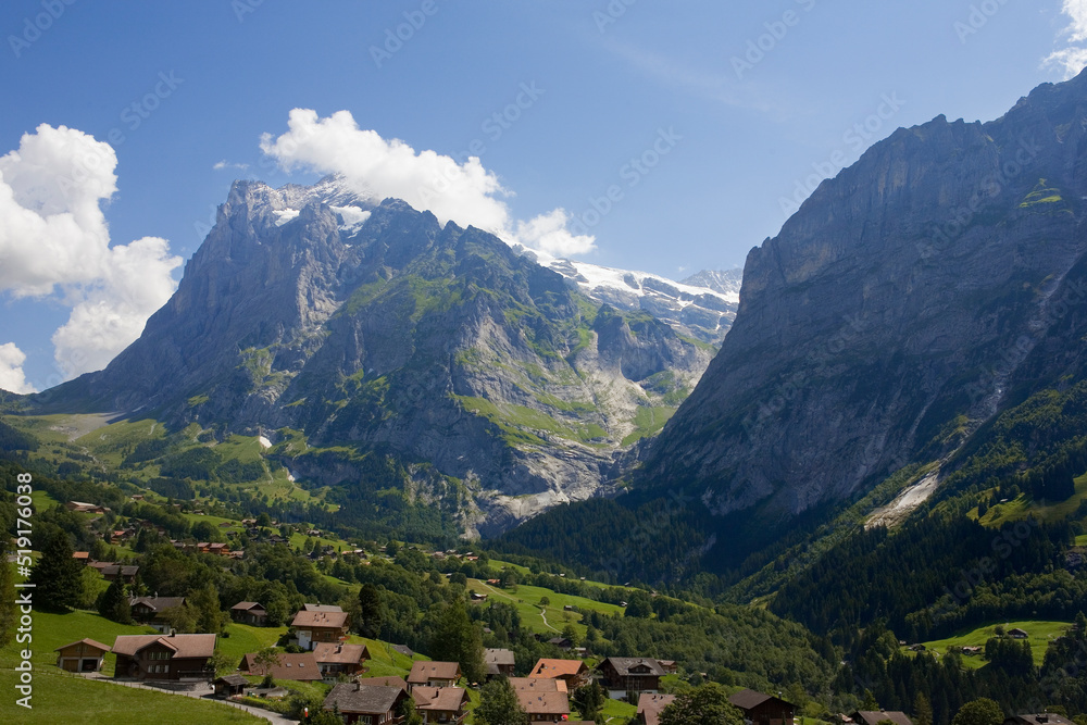 The Wetterhorn above the Lüschental Valley and the village of Grindelwald: Bernese Oberland, Switzerland