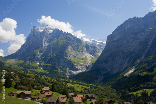 The Wetterhorn above the L  schental Valley and the village of Grindelwald  Bernese Oberland  Switzerland