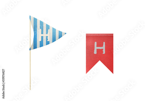 Decorative textile flags Latin ABC. Clip art set on white background. Letter h