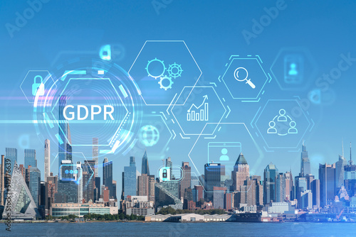 New York City skyline from New Jersey over the Hudson River towards Midtown Manhattan at day time. GDPR hologram, concept of data protection, regulation and privacy for all individuals