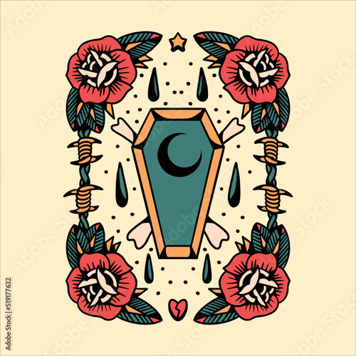coffin rose tattoo set vector design