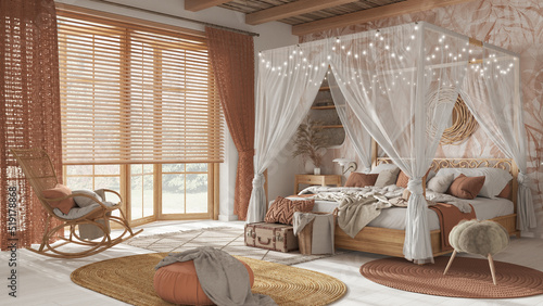 Elegant bedroom with canopy bed in white and orange tones. Parquet, natural wallpaper and cane ceiling. Bohemian rattan and wooden furniture. Boho style interior design