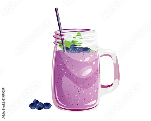 Blueberry smoothie on a white background.Summer refreshing drink in a jar with fresh blueberries and mint.Vector illustration.