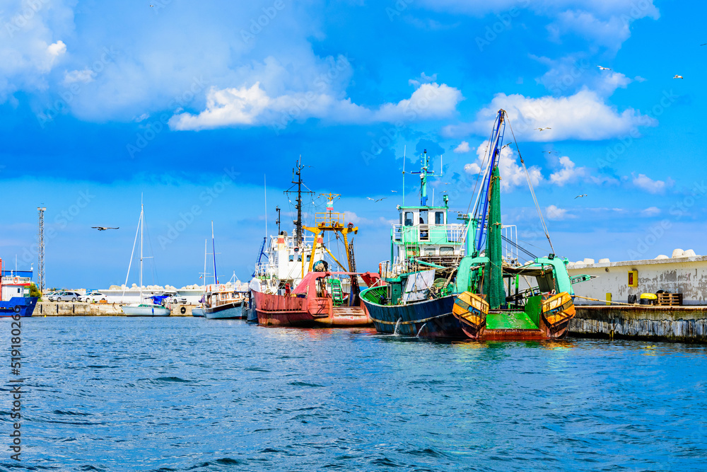 Moored fishing trawlers in port of the town Nessebar, Bulgaria
