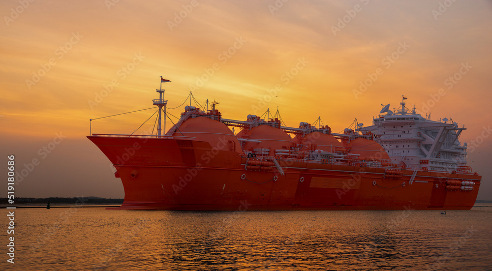 LNG tanker flowing into the port with the supply of liquefied gas