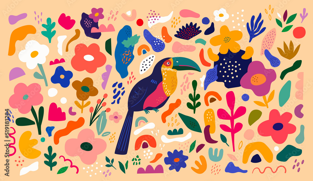 Trendy creative beautiful illustration with toucan and flowers. Blooming design with bird. Vector colorful illustration with tropical flowers, leaves and bird Trendy creative beautiful illustration with toucan and flowers. Blooming design with bird. Vector colorful illustration with tropical flowers, leaves and bird
