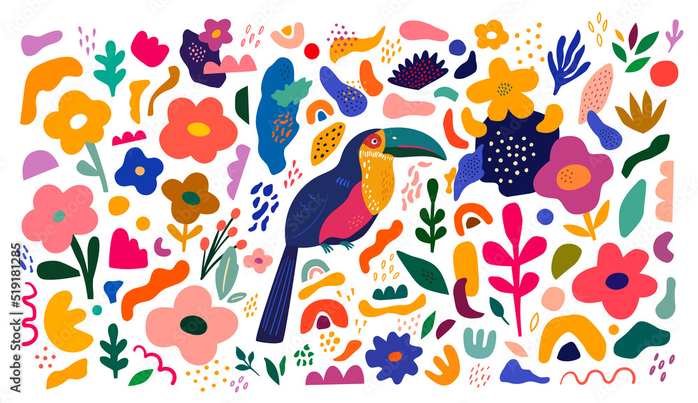 Trendy creative beautiful illustration with toucan and flowers on a white background. Blooming design with bird. Vector colorful illustration with tropical flowers, leaves and bird