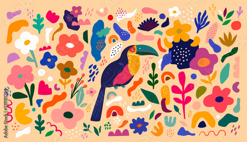 Trendy creative beautiful illustration with toucan and flowers. Blooming design with bird. Vector colorful illustration with tropical flowers, leaves and bird