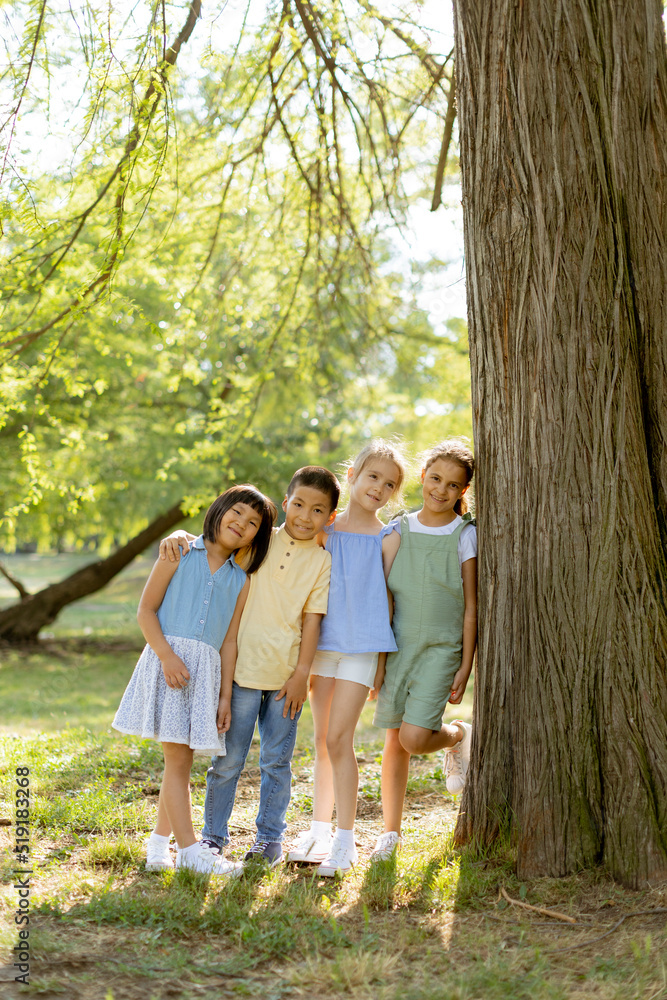 Group of asian and caucasian kids having fun in the park