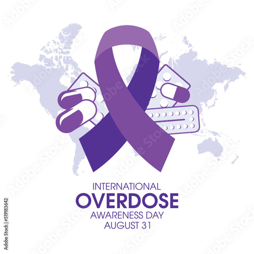 International Overdose Awareness Day vector. Purple awareness ribbon and pile of drugs icon vector. August 31. Important day photo