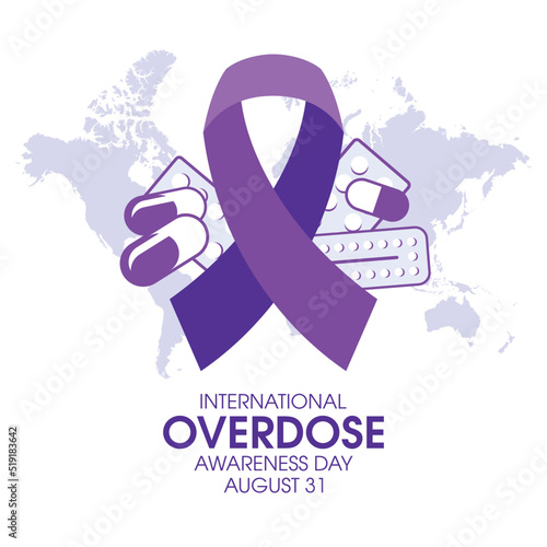 International Overdose Awareness Day vector. Purple awareness ribbon and pile of drugs icon vector. August 31. Important day