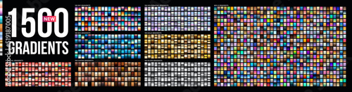 Vector mega set of gradients. Big collection colorful metallic gradient illustration. Gold, silver, sky, sea, coffee, coral, holographic, azure, bronze and ui gradients collection.