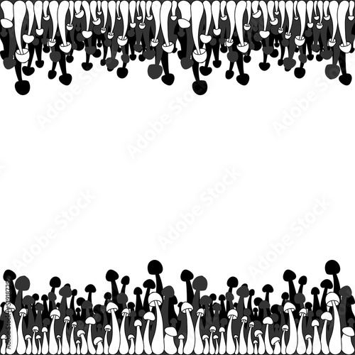 Borders of greyscale mushrooms vector simple illustration isolated on white background. Outline hand drawn sketched version. Vector mycology. Natural healthy fungus, autumn design.