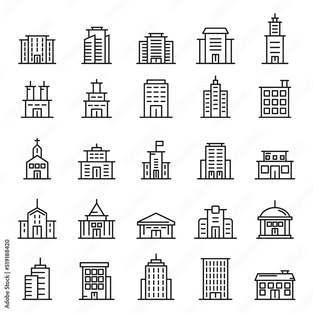 Town buildinds line icons vector set isolated