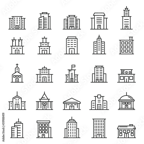 Town buildinds line icons vector set isolated
