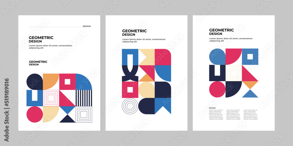 Colorful neo geometric poster. Grid with color geometrical shapes. Modern abstract promotional flyer background illustration set. Geometric template poster, brochure neo pattern
