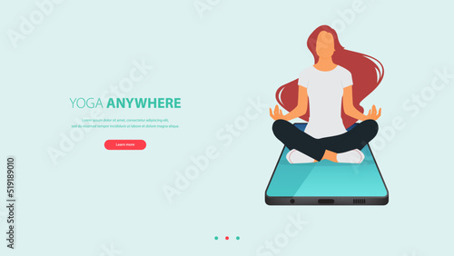Woman does yoga pose or meditating on phone. Exercise, workout for yoga anywhere concept.
Landing page template of yoga center, studio or yoga online class in flat design for website.