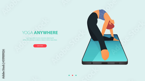 Woman does yoga pose or meditating on phone. Exercise, workout for yoga anywhere concept.
Landing page template of yoga center, studio or yoga online class in flat design for website.