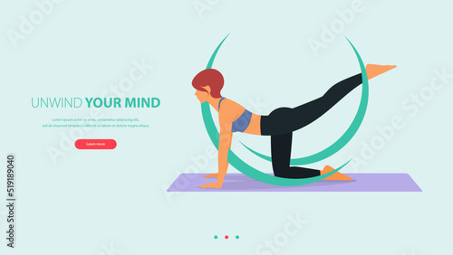 Woman does yoga pose or asana posture with yoga word. Exercise, workout for yoga anywhere concept.
Landing page template of yoga center, studio or yoga online class. 