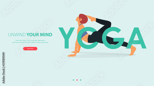 Woman does yoga pose or asana posture with yoga word. Exercise, workout for yoga anywhere concept.
Landing page template of yoga center, studio or yoga online class. 