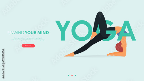 Woman does yoga pose or asana posture with yoga word. Exercise, workout for yoga anywhere concept.
Landing page template of yoga center, studio or yoga online class. 