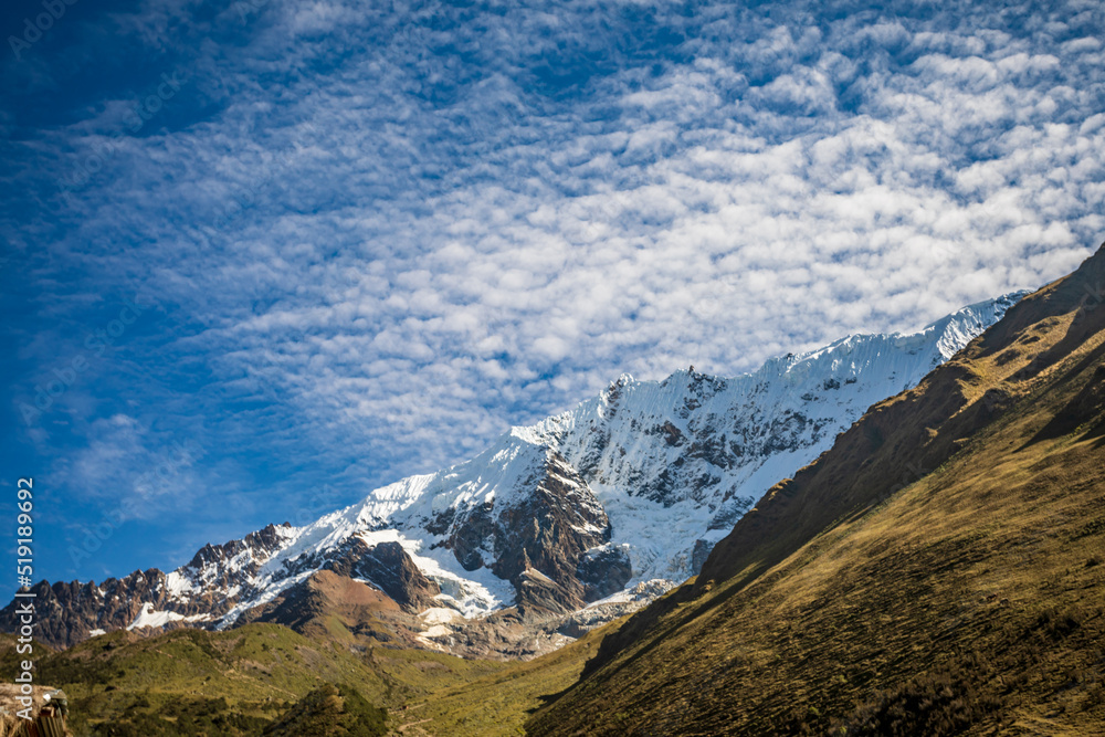 The lagoon is located near the Salkantay snow-capped mountain in the Andes Mountains of Cusco, Peru