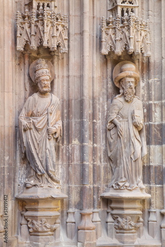 Sculptures of the apostles Santiago and Pedro on the gothic facade of the cathedral of Murcia
