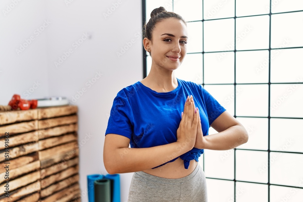 Young caucasian woman smiling confident training yoga at sport center Young caucasian woman smiling confident training yoga at sport center