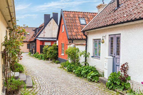 Traditional houses in the medieval town of Visby on the island of Gotland in the Baltic Sea off Sweden
