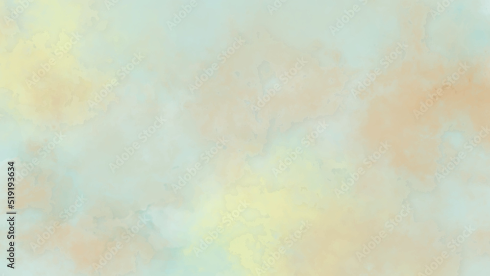 watercolor background painting with cloudy distressed texture. soft yellow beige lighting and gradient blue green colors. colorful background with watercolor stains and for design and decoration.