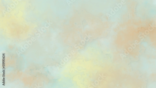 watercolor background painting with cloudy distressed texture. soft yellow beige lighting and gradient blue green colors. colorful background with watercolor stains and for design and decoration.