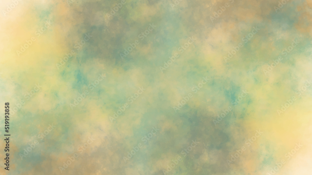 watercolor background painting with cloudy distressed texture. soft yellow beige lighting and gradient blue green colors. colorful background with watercolor stains and for design and decoration.