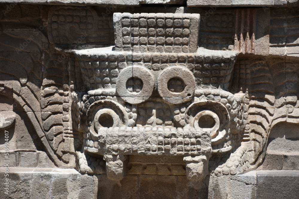 Tlaloc, God of Rain, High Relief Sculpture on Pyramid of the Feathered Serpent, Teotihuacan