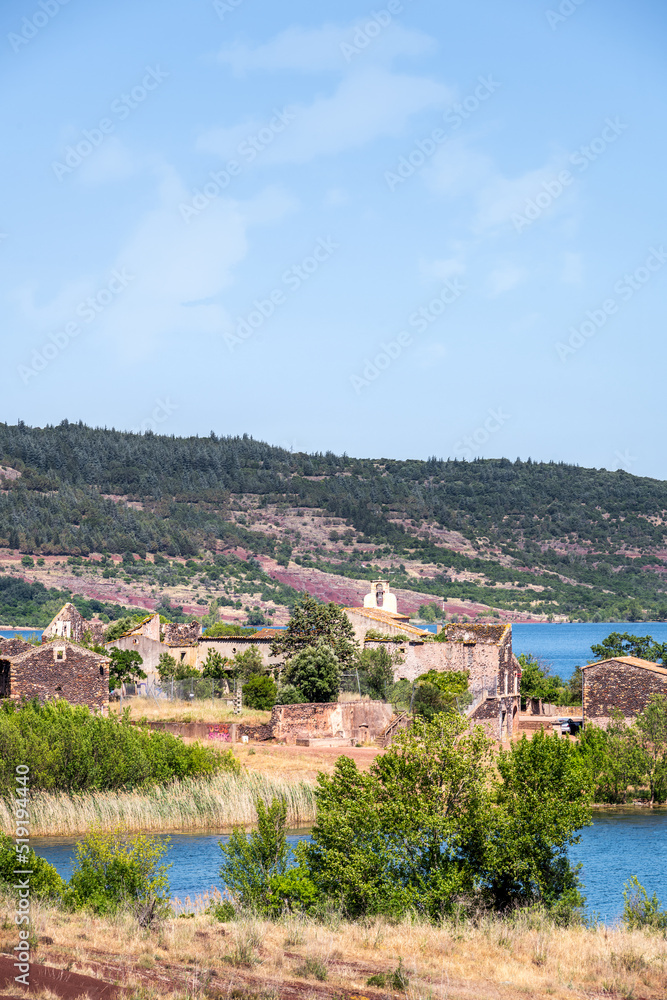 View of the village of Celles on the Shore of the Salagou lake, Hérault, South of France