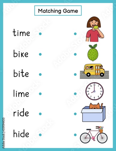 Phonics matching game with i-e spelling rule. Match the phonics sound words with pictures activity page for kids. Vector illustration