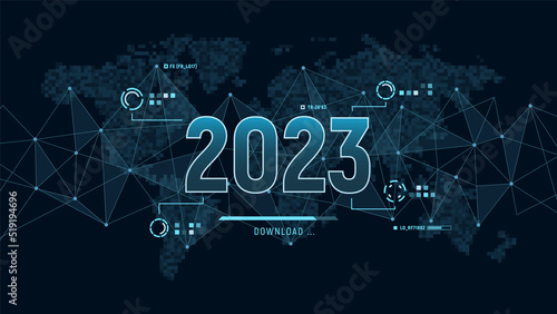 Futuristic layout for 2023 year on background with polygons connection structure and pixel map. Digital 2023 visualization. Business technology concept. Tech wallpaper 2023. Vector illustration
