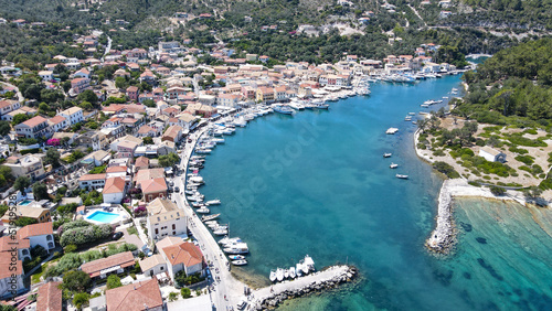 Scenic ionian islands of Greece - Paxos. view of Gaios Town aerial top view drone. Aerial drone photo of iconic port of Gaios a natural fjord bay ideal for safe anchorage in island of Paxos © Nenad