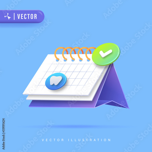 Dental Appointment Concept with 3D Realistic Calendar and Tooth Isolated on Blue Background Vector Illustration. International Dentist Day