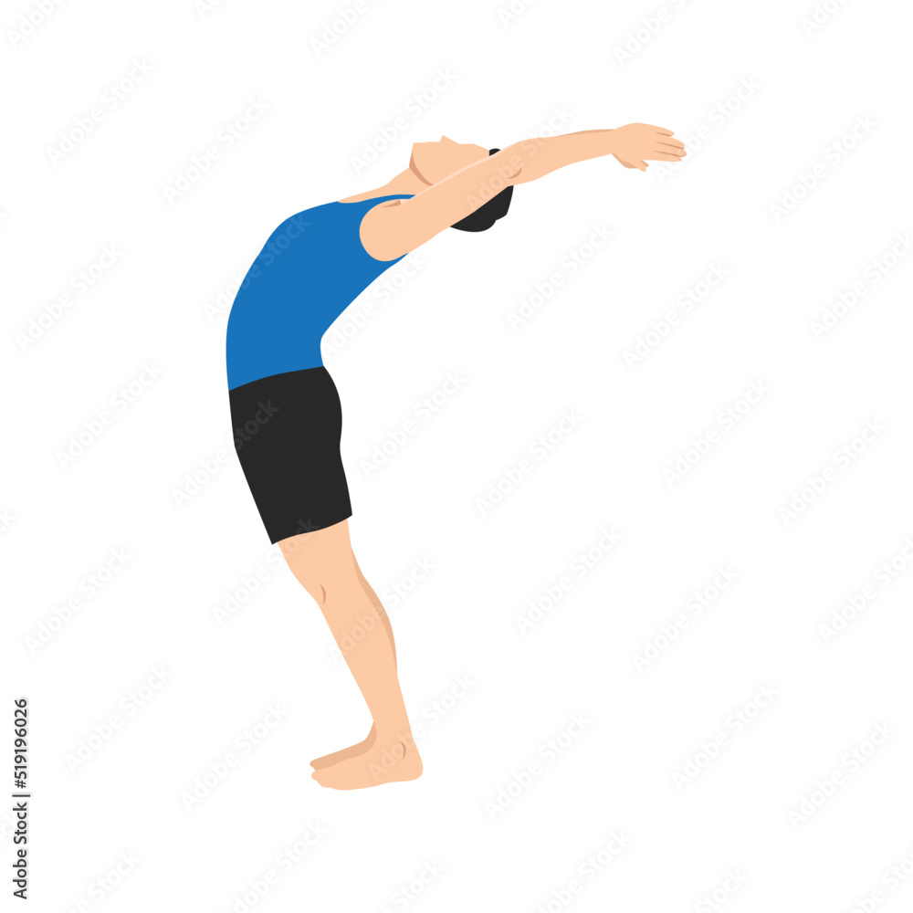 Man practices yoga in the raised arms pose. Healthy lifestyle and wellness concept. Flat vector illustration for Yoga Day. Hasta Uttanasana pose. Sun salutation, surya namaskara.