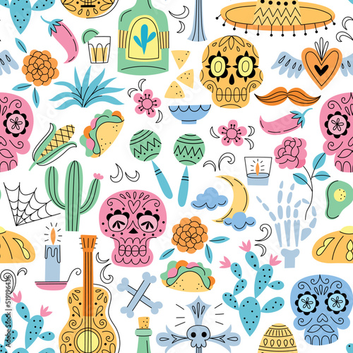 Day of the dead seamless pattern. Dia de los muertos background