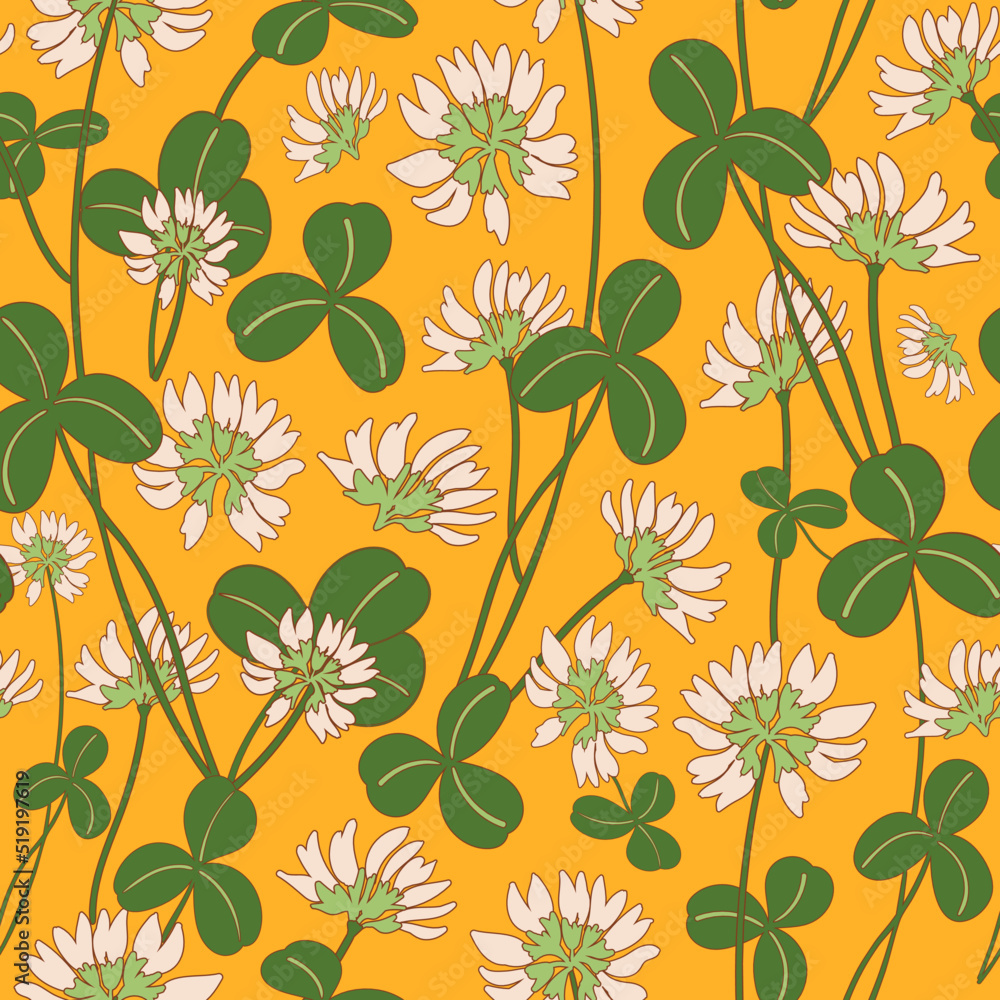 Clower with flowers. Botanical seamless vector pattern. Wildflowers on yellow background. Blooming field. Hand drawn illustration. Clower with flowers. Botanical seamless vector pattern. Wildflowers on yellow background. Blooming field. Hand drawn illustration.