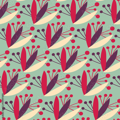 Retro seaamless pattern with abstract leaves and berries. Vintage colors hand drawn vector illustration. Tile for wrapping, fabric and home textile