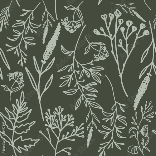 Hand drawn seamless floral pattern in green tones Vector 