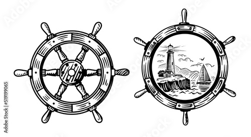 Ship steering wheel sketch engraving photo