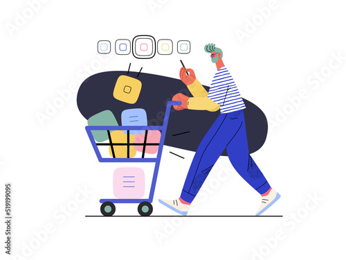 Online selecyion -Online shopping, electronic commerce illustration -modern flat vector concept illustration, man with a shopping cart and goods. Promotion, discounts, sale, online orders concept