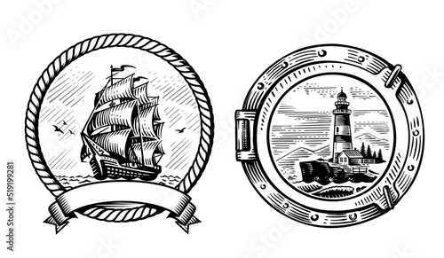 Sailing ship rope emblem vector. Lighthouse 