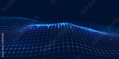 Wave of blue particles. Abstract technology flow background. Sound mesh pattern or grid landscape. Digital data structure consist dot elements. Future vector illustration.