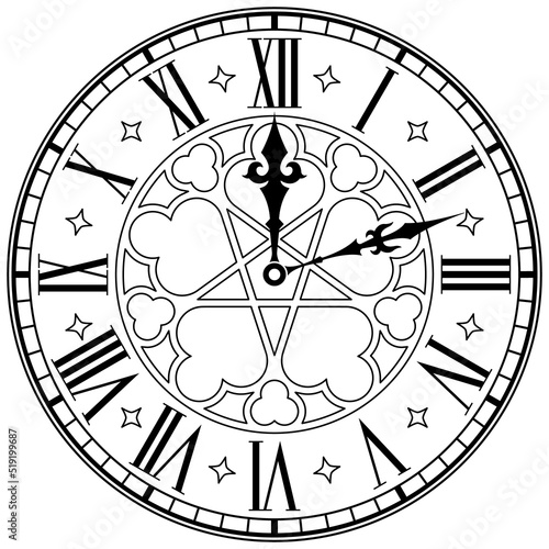 Retro Clock Face With Roman Numerals. Vector vintage image.