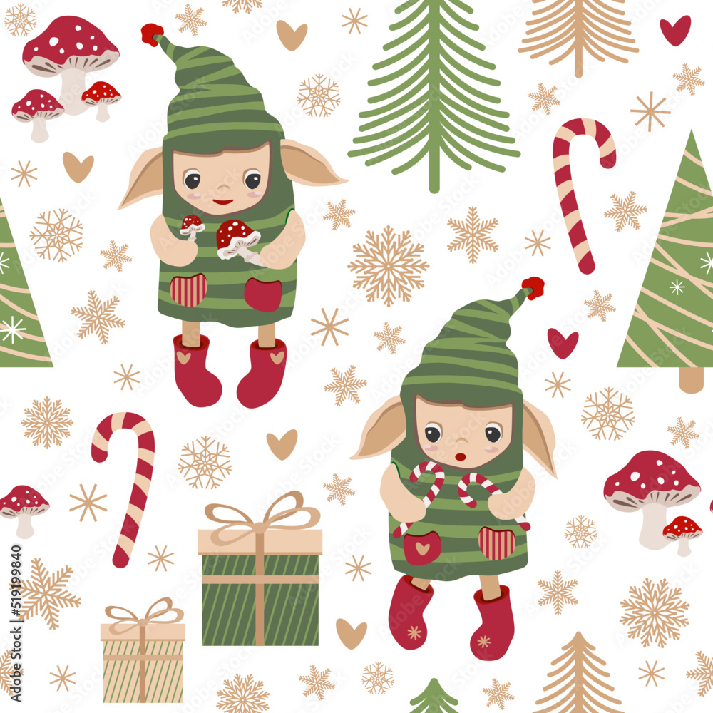 Naklejka premium Seamless pattern with Christmas elves, gifts, lollipops, snowflakes, mushrooms and Christmas trees. Forest gnomes in striped clothes hand drawn, vector illustration. Square repeating pattern 