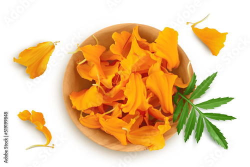 petals of fresh marigold or tagetes erecta flower isolated on white background with full depth of field. Top view. Flat lay